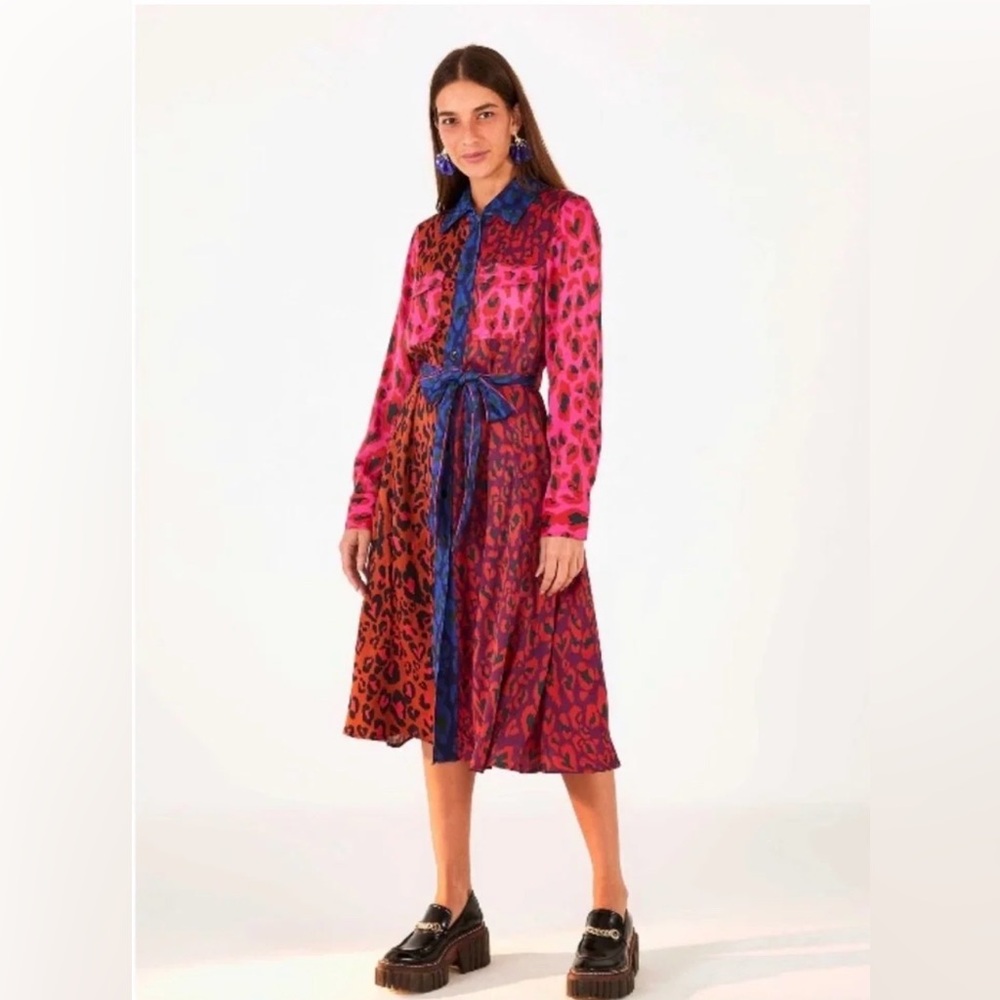 FARM Rio Pink, Orange & Blue Leopard Print Long Sleeve Shirt Dress